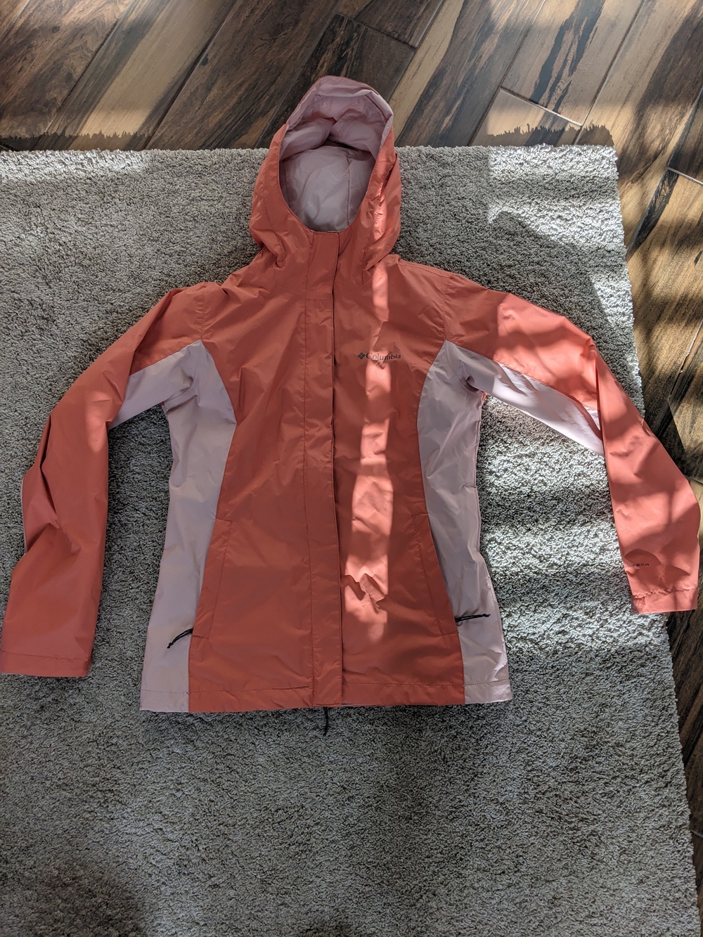 Columbia Women's Hooded Colorblock Rain Jacket - Coral and Light Pink